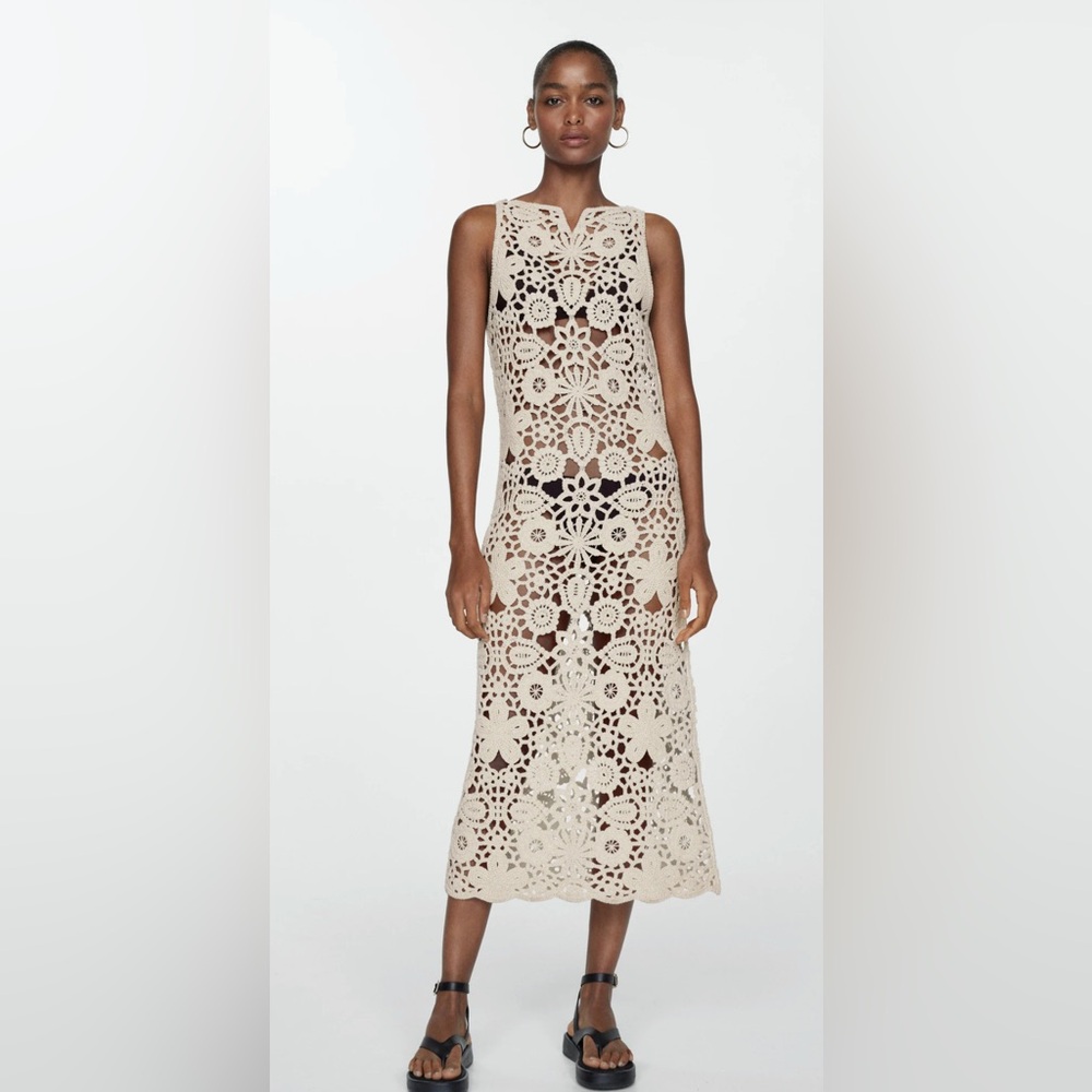 MANGO Elegant Crochet Lace Dress in Cream
